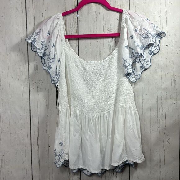 Japna Embroidered White Pleated Boho Short Sleeves Summer Beachy Blouse - Picture 12 of 12